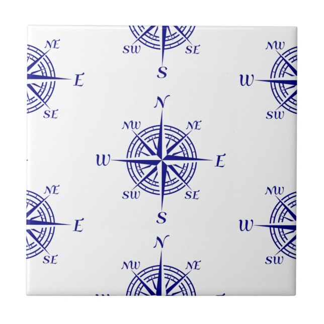 Blue and White Nautical Sailing Compass Ceramic Tile (Front)