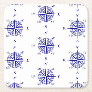 Blue and White Nautical Sailing Compass Square Paper Coaster