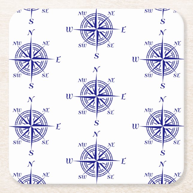 Blue and White Nautical Sailing Compass Square Paper Coaster (Front)