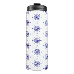 Blue and White Nautical Sailing Compass Thermal Tumbler