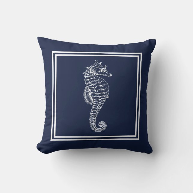 Blue and White Nautical Seahorse Cushion (Front)