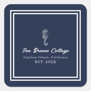 Blue and White Nautical Seahorse Square Sticker