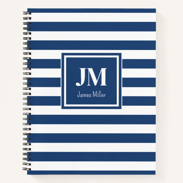 Blue and White Nautical Stripe Monogram Notebook (Front)