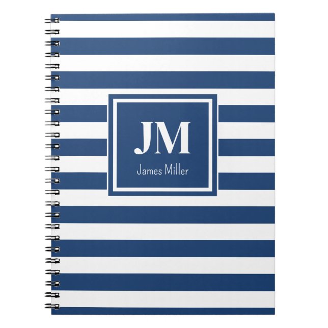 Blue and White Nautical Stripe Monogram Notebook (Front)