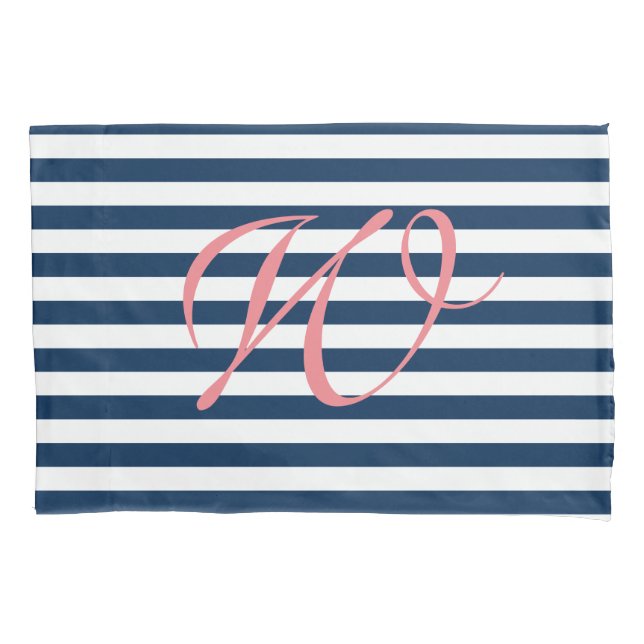 Blue and white nautical stripe monogram pillowcase (Front)