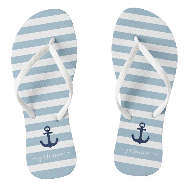 Blue and White Nautical Stripe Name Thongs (Footbed)