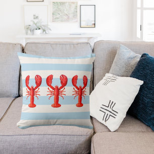 Blue and white nautical stripes and red lobsters cushion