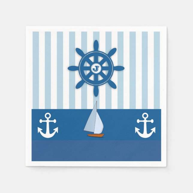 Blue and White Nautical  themed Monogramed design. Napkin (Front)
