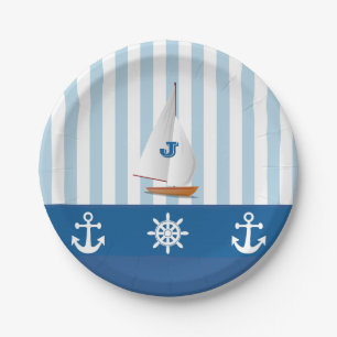 Blue and White Nautical  themed Monogramed design. Paper Plate