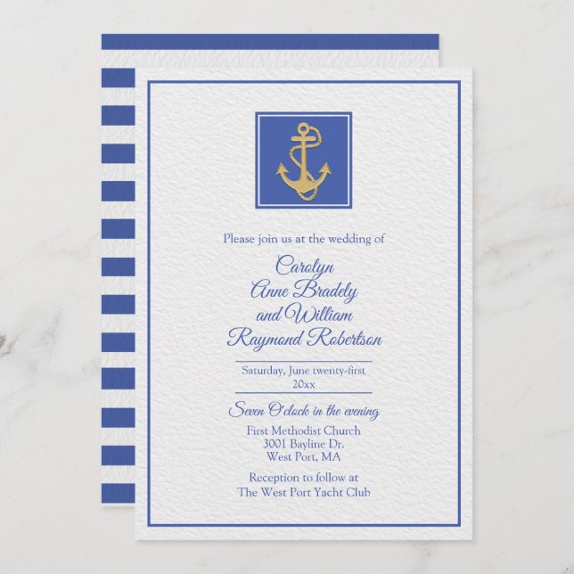 Blue and White Nautical Themed Wedding Invitation (Front/Back)