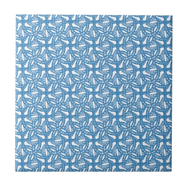 Blue and White Nouveau Art Floral Design Ceramic Tile (Front)
