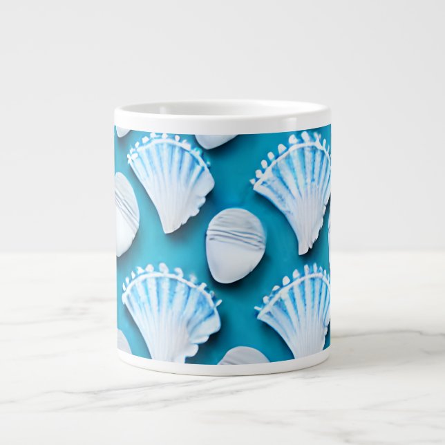 Blue and White Ocean Seashells Pattern Large Coffee Mug (Front)