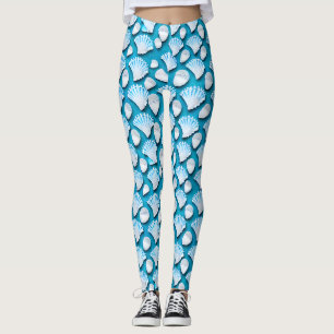 Blue and White Ocean Seashells Pattern Leggings