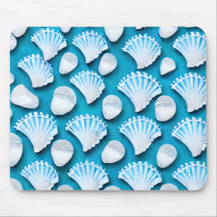 Blue and White Ocean Seashells Pattern Mouse Pad