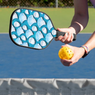 Blue and White Ocean Seashells Pattern Pickleball Paddle