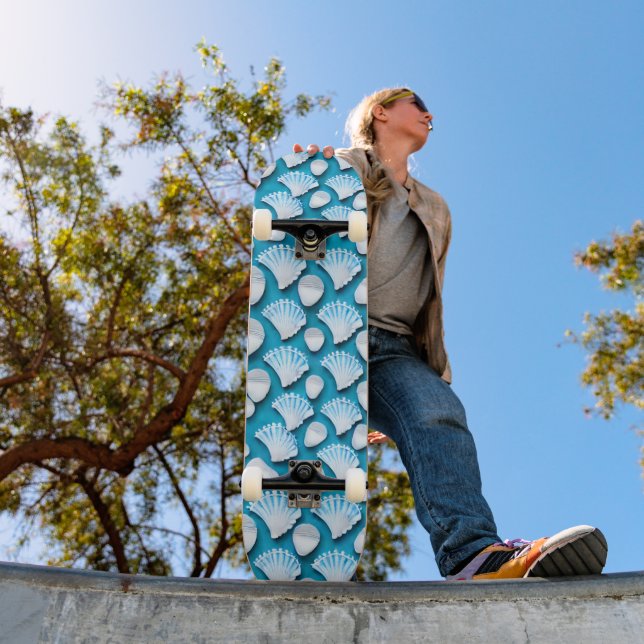 Blue and White Ocean Seashells Pattern Skateboard (Outdoor 1)