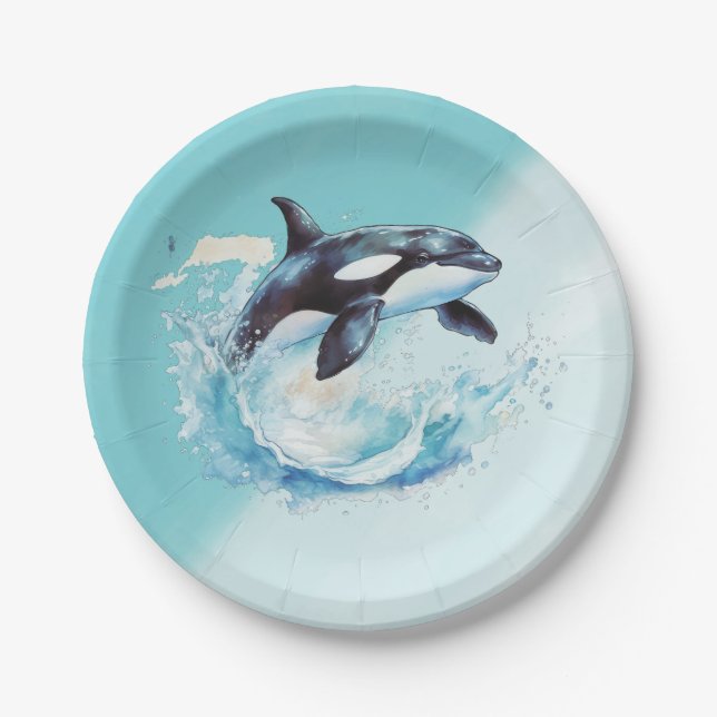 Blue and White Ocra Ocean Beach Nautical Paper Plate (Front)