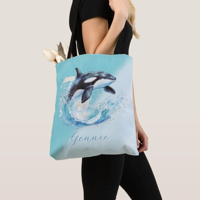 Blue and White Ocra Ocean Beach Nautical Tote Bag (Close Up)