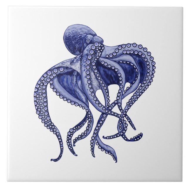 Blue and white Octopus  Ceramic Tile (Front)