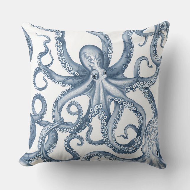 Blue and White Octopus Design Pillow. Cushion (Front)