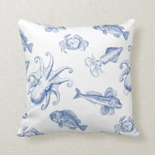 Blue and White Octopus, Squid, Crabs and Fish Cushion