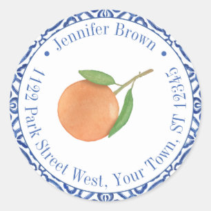Blue And White Orange Mandarin Return Address Classic Round Sticker