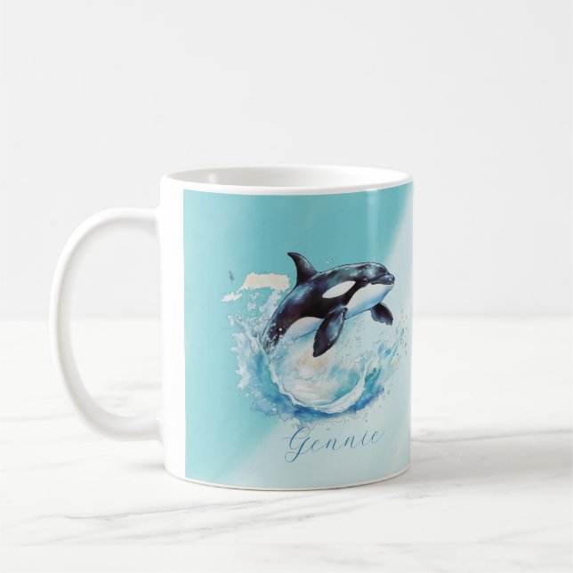 Blue and White Orca Ocean Beach Nautical Coffee Mug (Left)