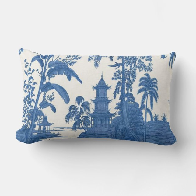 Blue and White Oriental Chinoiserie  Lumbar Cushion (Front)