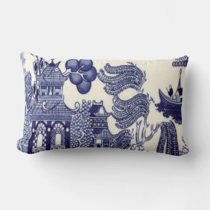 Blue and White Oriental Chinoiserie  Lumbar Cushion
