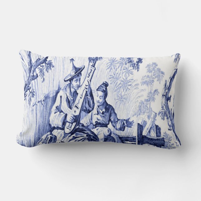 Blue and White Oriental Chinoiserie  Lumbar Cushion (Front)