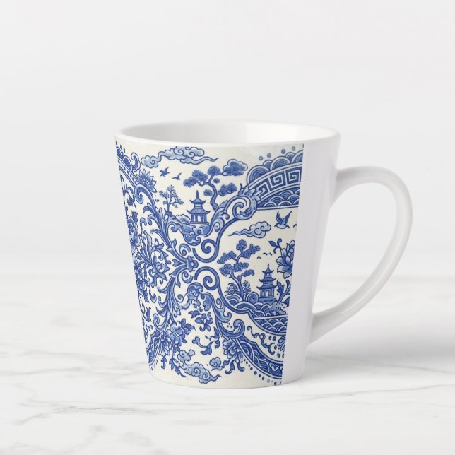 Blue and White Oriental Chinoiserie Porcelain Insp Latte Mug (Right)