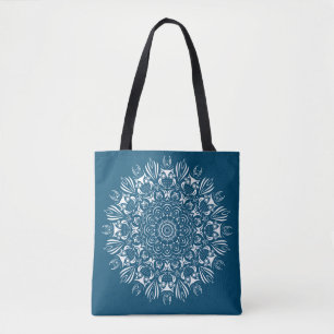 Blue and white owl mandala reusable tote bag