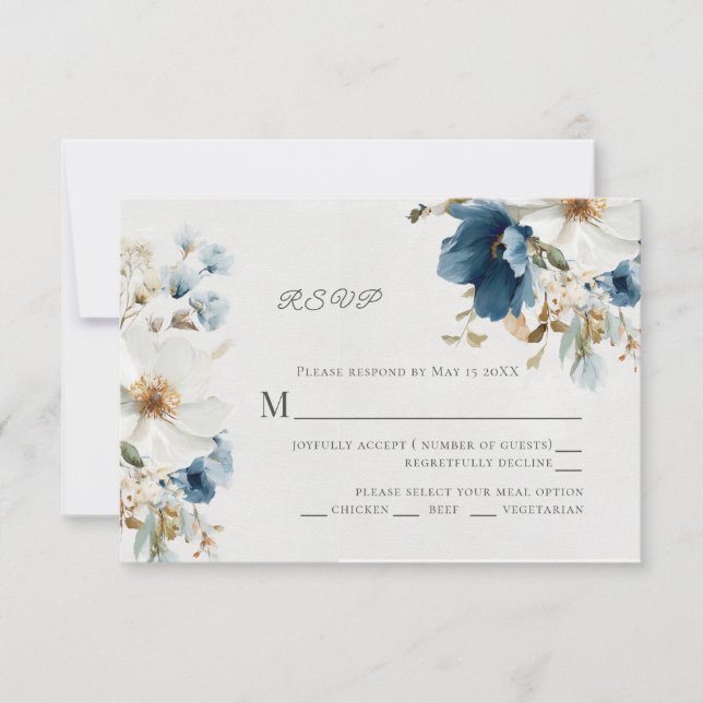 Blue and White Painterly Floral  RSVP Card (Front)