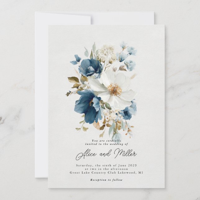 Blue and White Painterly Floral Wedding Invitation (Front)