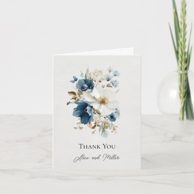 Blue and White Painterly Floral Wedding Thank You Invitation (Front)