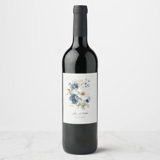 Blue and White Painterly Floral Wedding Wine Label (Front)