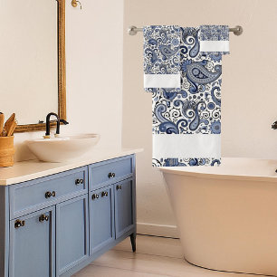 Blue and white paisley bath towel set