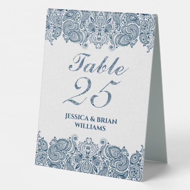 Blue & and white paisley lace table tent sign (Back)