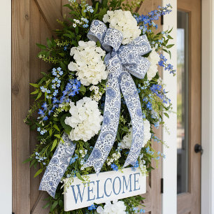 Blue and white paisley satin ribbon