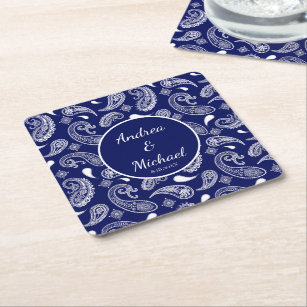 Blue and white paisley square paper coaster