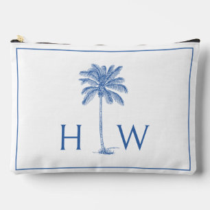 Blue and White Palm Palmetto Tree Monogram Accessory Pouch