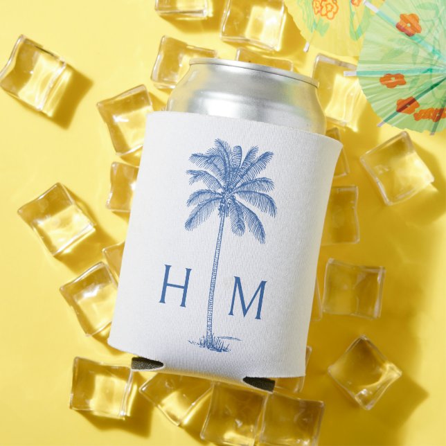 Blue and White Palm Palmetto Tree Monogram Can Cooler (In Situ Summer)