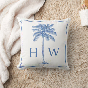 Blue and White Palm Palmetto Tree Monogram Cushion