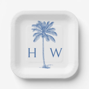 Blue and White Palm Palmetto Tree Monogram Paper Plate
