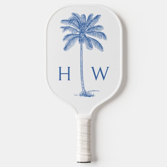Blue and White Palm Palmetto Tree Monogram Pickleball Paddle (Front)