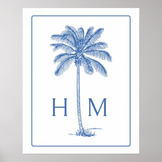 Blue and White Palm Palmetto Tree Monogram Poster (Front)