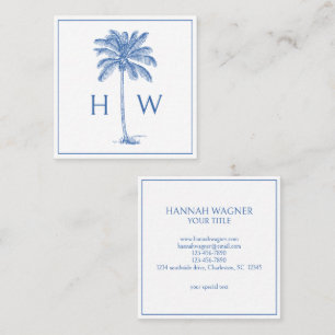 Blue and White Palm Palmetto Tree Monogram Square Business Card