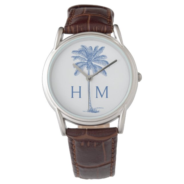 Blue and White Palm Palmetto Tree Monogram Watch (Front)