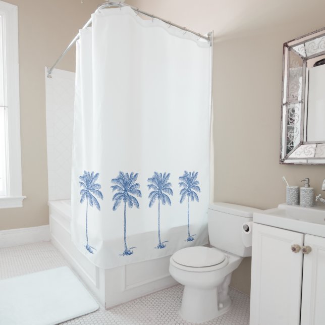 Blue and White Palm Palmetto Trees Shower Curtain (In Situ)