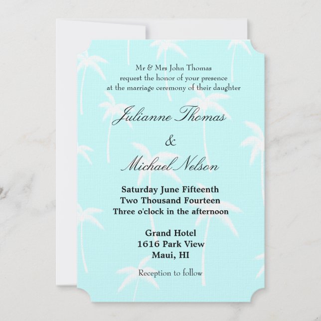 Blue and White Palm Trees Wedding Invitation (Front)